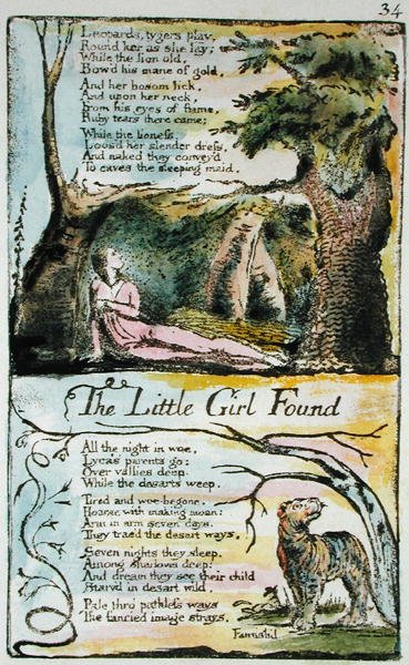 The Little Girl Lost ja The Little Girl Found, levy 34 (Bentley 35) julkaisusta Songs of Innocence and of Experience (Bentley Copy L) 1789-94 (reliefietsaus kynällä ja wc:llä) tekijältä William Blake