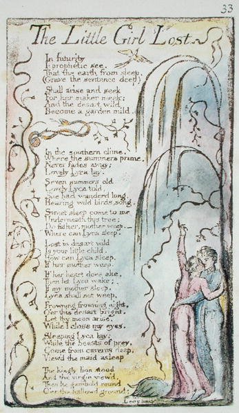 The Little Girl Lost, levy 33 (Bentley 34) teoksesta Songs of Innocence and of Experience (Bentley Copy L) 1789-94 (reliefietsaus kynällä ja wc:llä) tekijältä William Blake