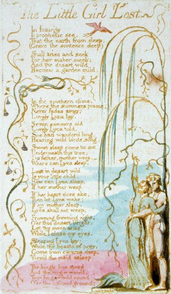 The Little Girl Lost, levy 5 julkaisusta Songs of Innocence, 1789 (reliefietsaus wc:llä paperille) tekijältä William Blake