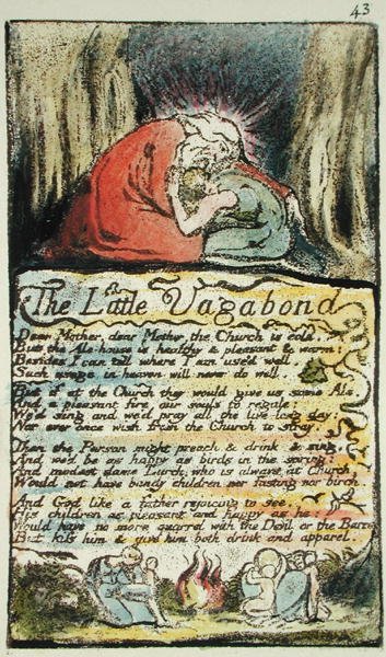 The Little Vagabond, levy 43 (Bentley 45) julkaisusta Songs of Innocence and of Experience (Bentley Copy L) 1789-94 (reliefietsaus kynällä ja wc:llä) tekijältä William Blake
