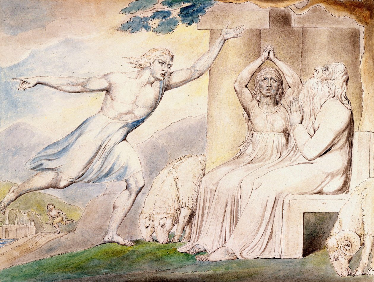 Sanansaattajat kertovat Jobille hänen onnettomuuksistaan tekijältä William Blake