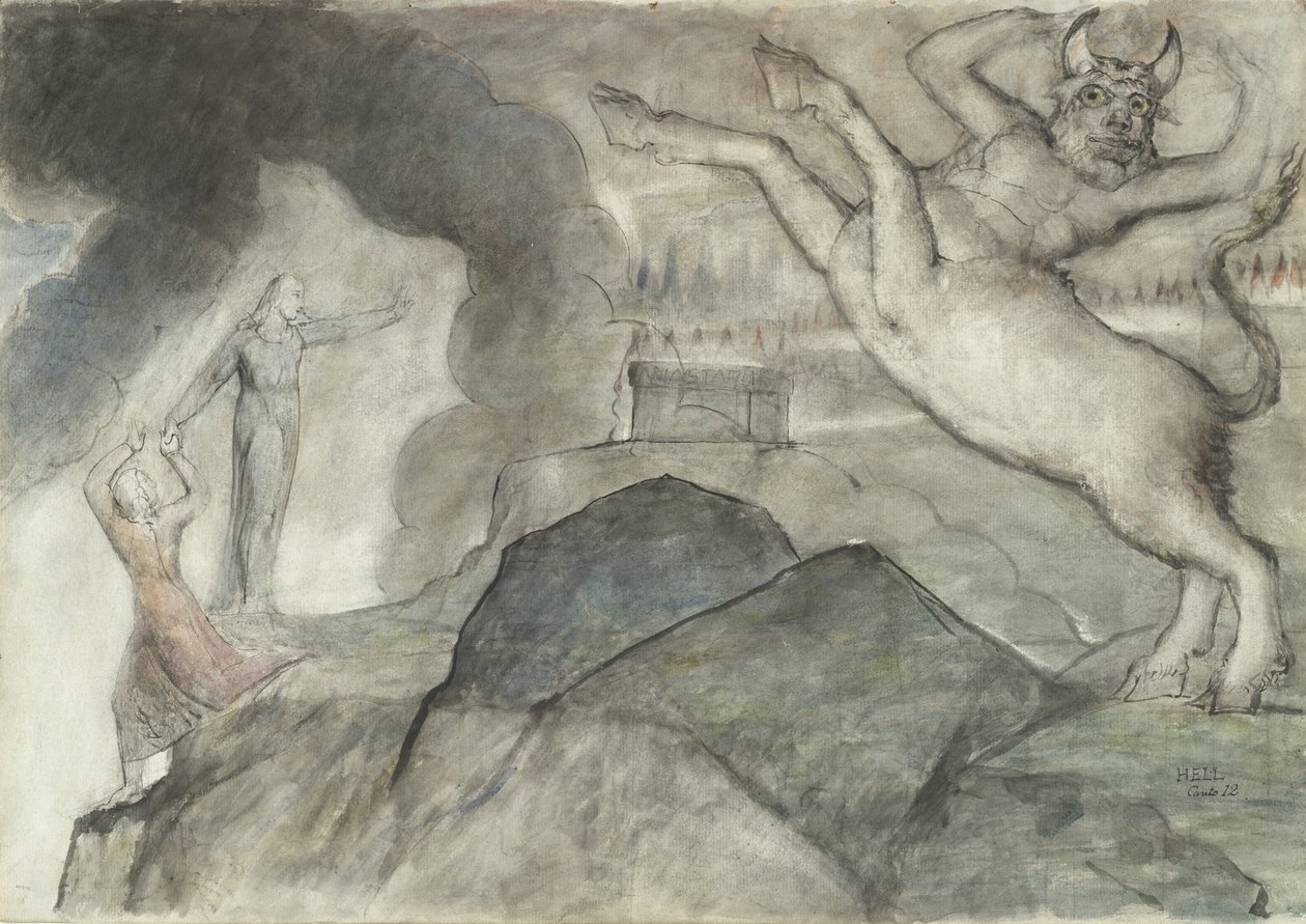 Minotauros, kuvitus Dante Alighierin jumalalliseen komediaan, 1824-27 (kynä ja muste wc:llä kynällä ja liitu paperilla) tekijältä William Blake