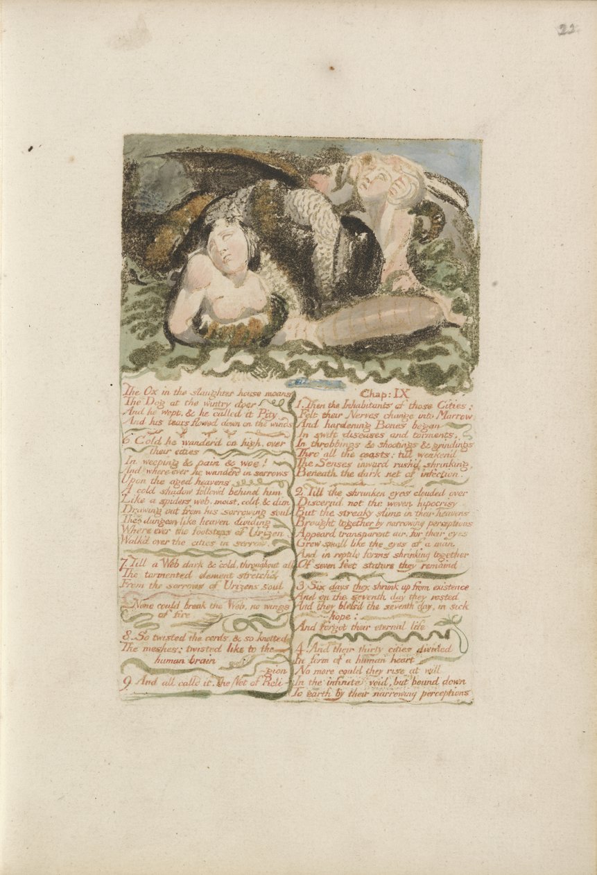 Härkä teurastamossa valittaa..., levy 26 Urizenin ensimmäisestä kirjasta, 1794 (väripainettu kohokuvio musteella ja wc paperille) tekijältä William Blake