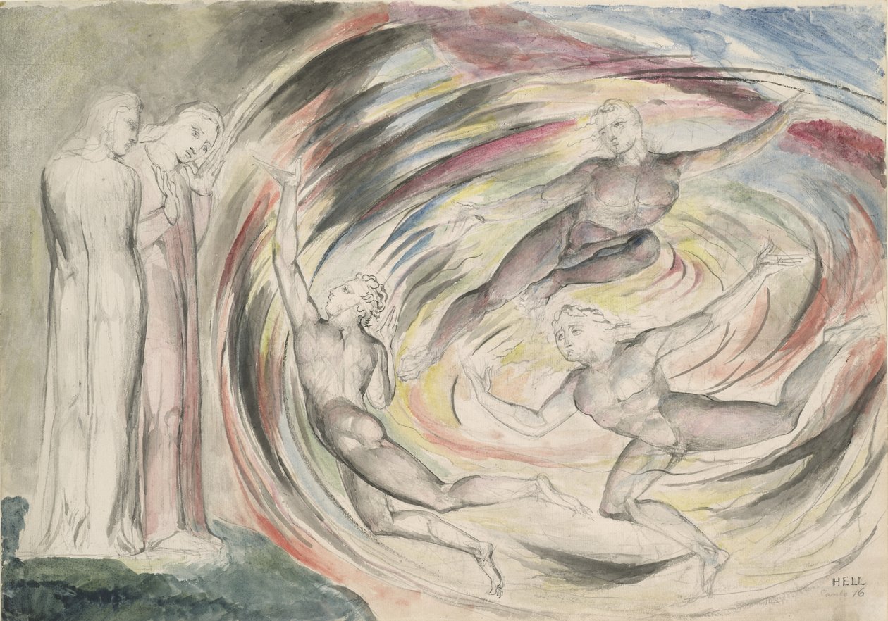 Rusticuccin ja hänen seuralaistensa rangaistus, kuvitus Dante Alighierin jumalalliseen näytelmään, 1824-27 (kynä ja muste wc:llä kynällä ja liidulla paperille) tekijältä William Blake
