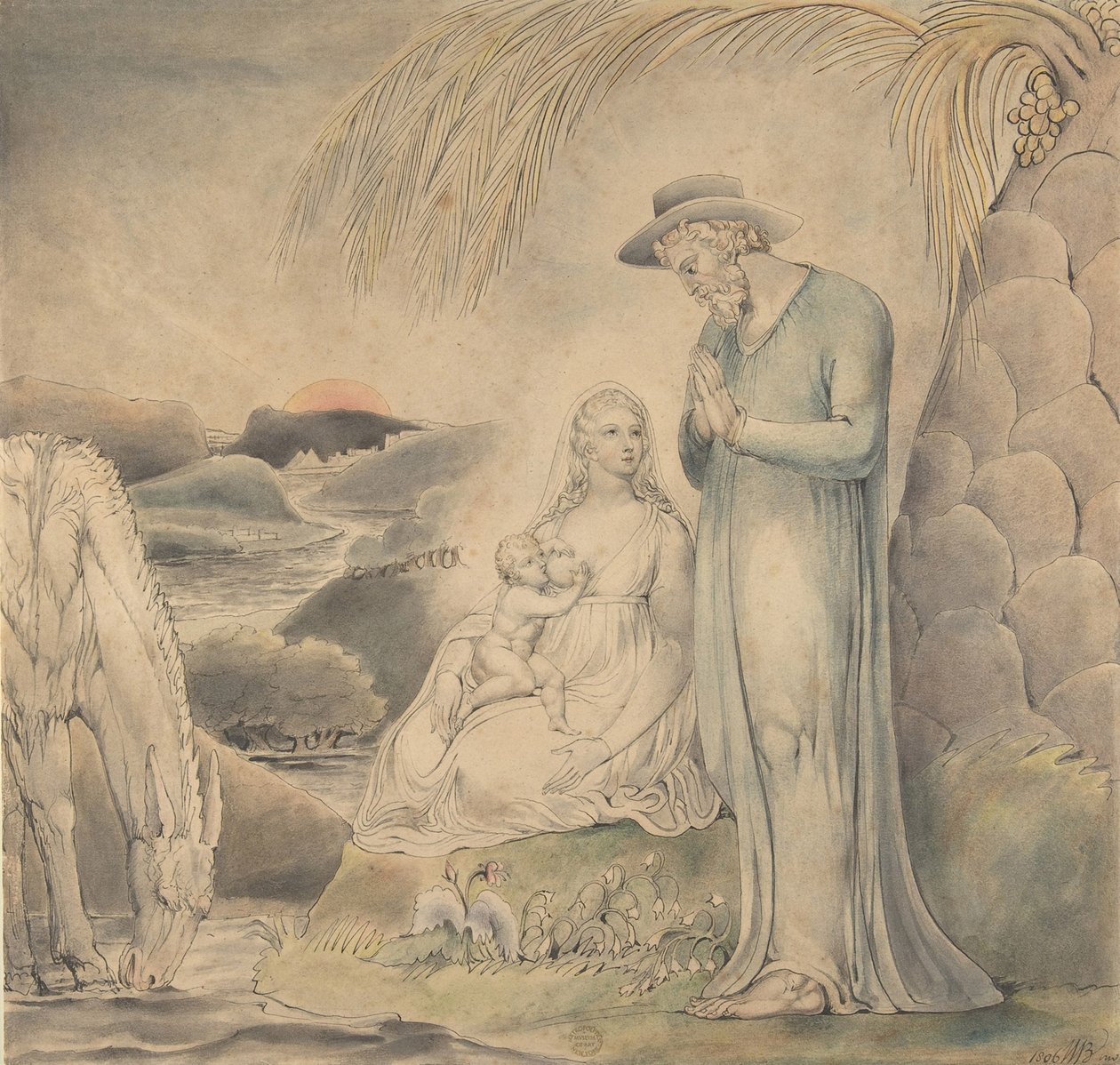 The Rest on the Flight to Egypt, 1806 (wc, kynä ja musta muste grafiitin päällä) tekijältä William Blake