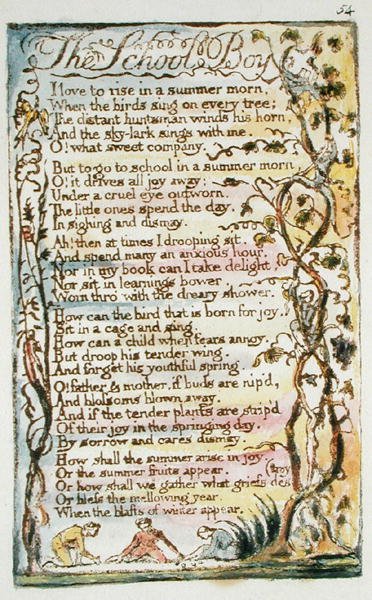 The School Boy, levy 54 (Bentley 53) teoksesta Songs of Innocence and of Experience, (Bentley Copy L) n. 1789-1794 (reliefietsaus kynällä ja wc:llä) tekijältä William Blake