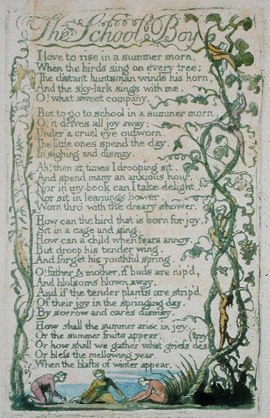 The School Boy, levy 12 julkaisusta Songs of Innocence, 1789 (käsinvärjätty kohokuvio vesiväreillä) tekijältä William Blake