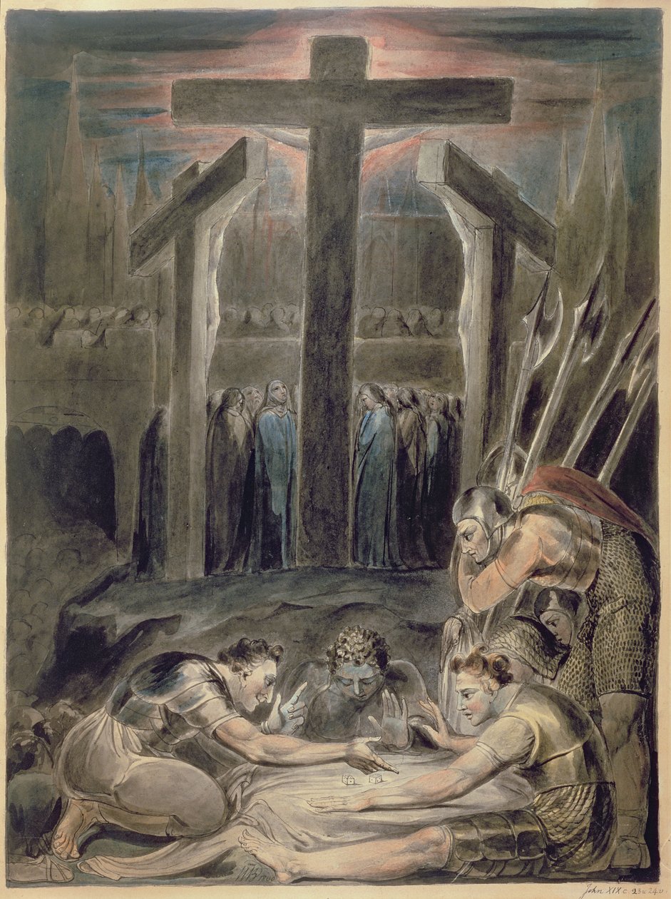 Sotilaat heittävät arpaa Kristuksen vaatteille, 1800 (kynä, intialainen muste, harmaa pesu ja wc) tekijältä William Blake
