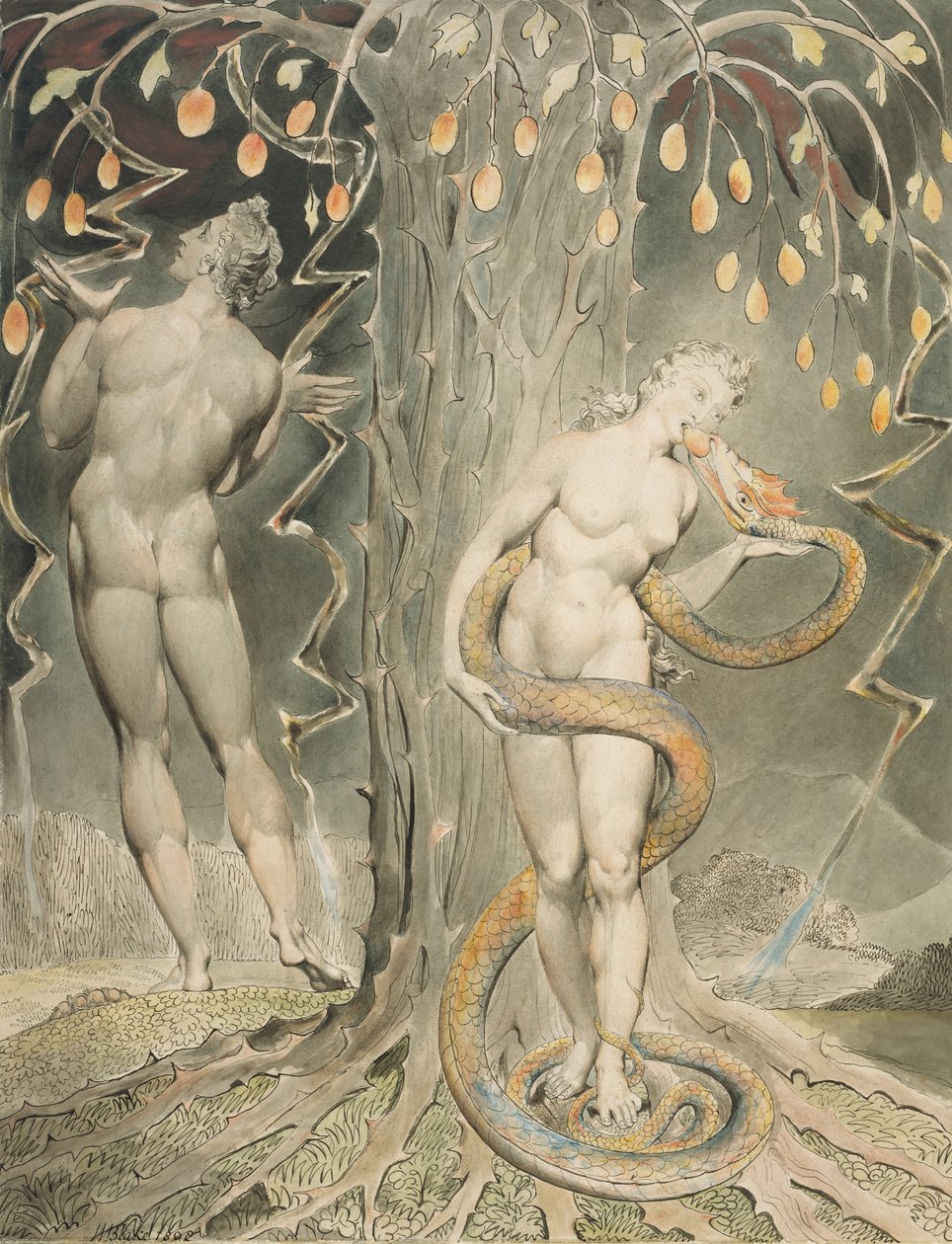 Kiusaus ja Eevan lankeemus tekijältä William Blake