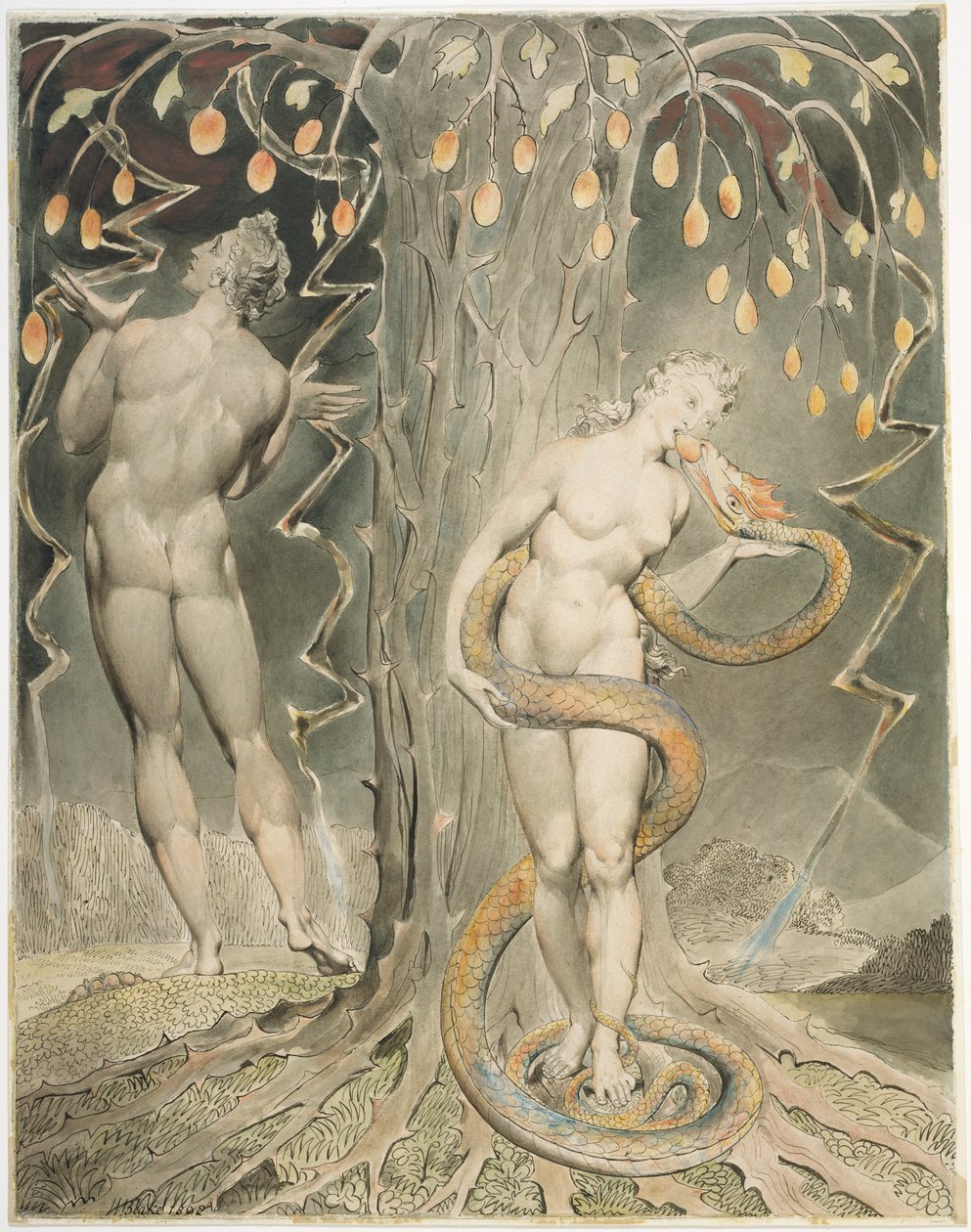 Kiusaus ja Eeva -kuva Miltonin kadonneeseen paratiisiin tekijältä William Blake