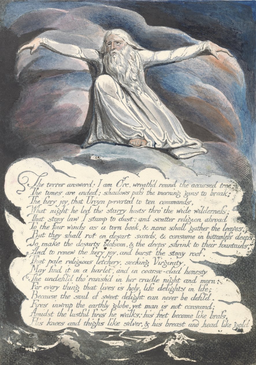 Terror vastasi..., levy 10 Amerikasta: Prophecy, 1793 (reliefietsaus mustalla painettu kynällä & musteella ja wc:llä) tekijältä William Blake