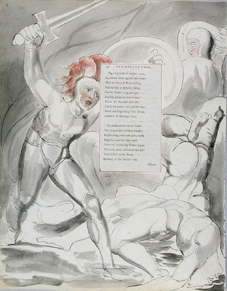 The Triumphs of Owen, design 90 teoksesta The Poems of Thomas Gray, 1797-98 (wc kynällä ja musteella paperille) tekijältä William Blake