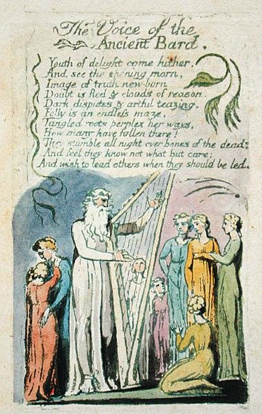 The Voice of the Ancient Bard, Songs of Innocence, 1789 (käsinvärinen kohokuvio etsauksella wc:llä paperille) tekijältä William Blake