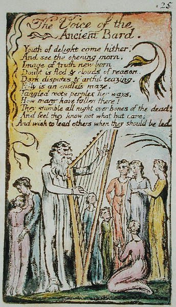 The Voice of the Ancient Bard, kuvitus teoksesta Songs of Innocence and of Experience, (Bentley Copy L) pl.25 (Bentley 54) 1789-94 (reliefietsaus kynällä & wc:llä paperille) tekijältä William Blake