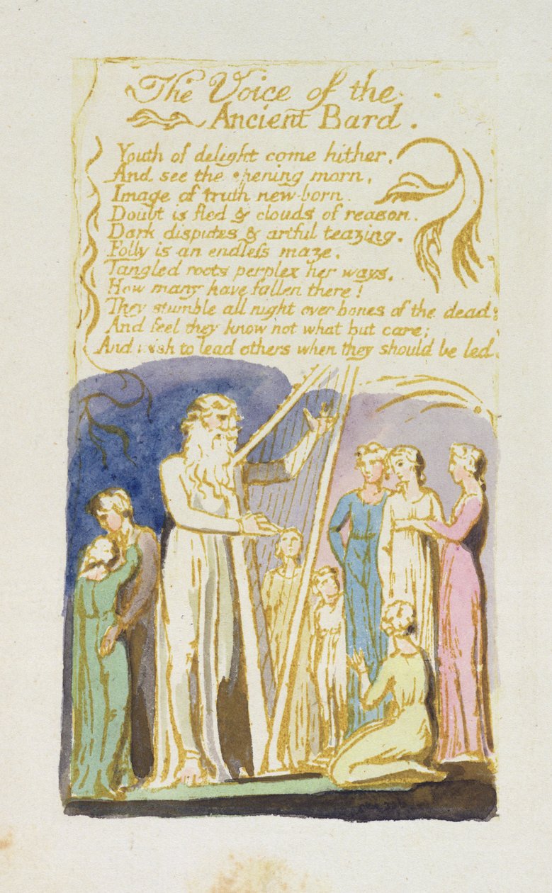 "The Voice of the Ancient Bard", levy 31 teoksesta "Songs of Innocence", 1789 (reliefetsaus wc:llä) tekijältä William Blake