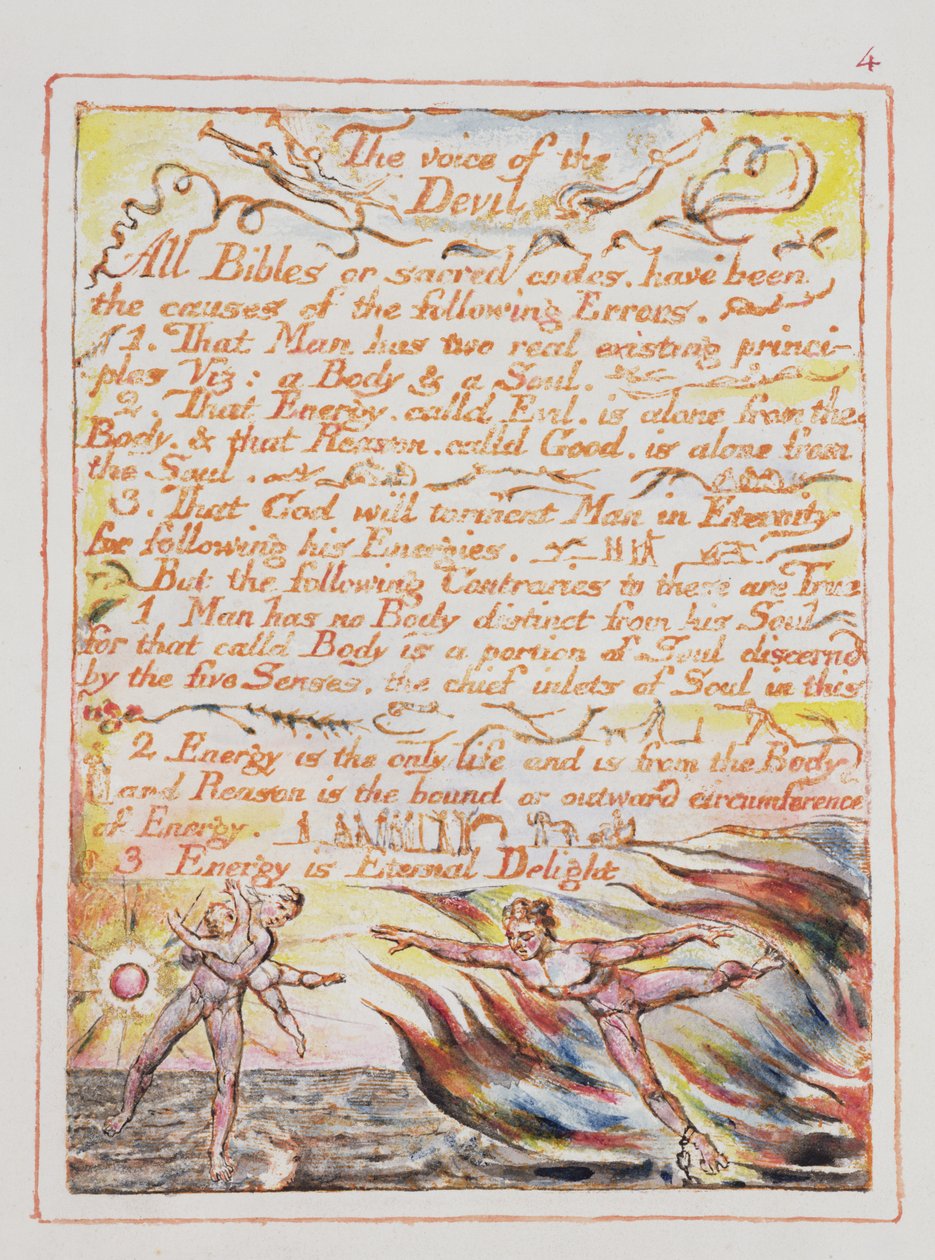 Paholaisen ääni, kuvitus ja teksti "Taivaan ja helvetin avioliitosta", n. 1790-3 (reliefietsaus viimeistelty kynällä ja wc:llä) tekijältä William Blake