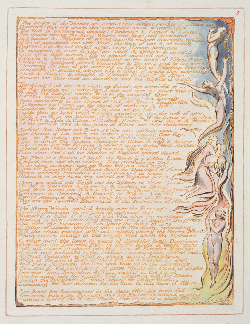 "Thamesin ranta...", levy 5 Jerusalemista, 1804-20 (oranssilla painettu kohokuvio, kynä ja wc) tekijältä William Blake