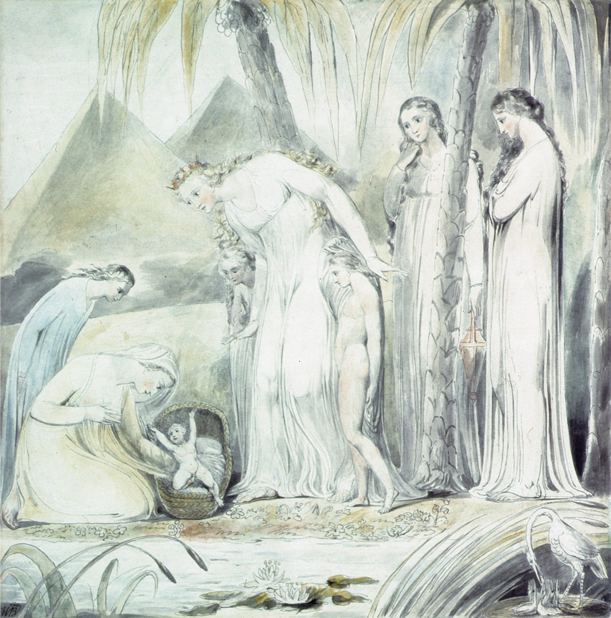 Faraon tyttären myötätunto tai Mooseksen löytäminen, 1805 (lyijykynä ja wc lyijykynän päällä). tekijältä William Blake