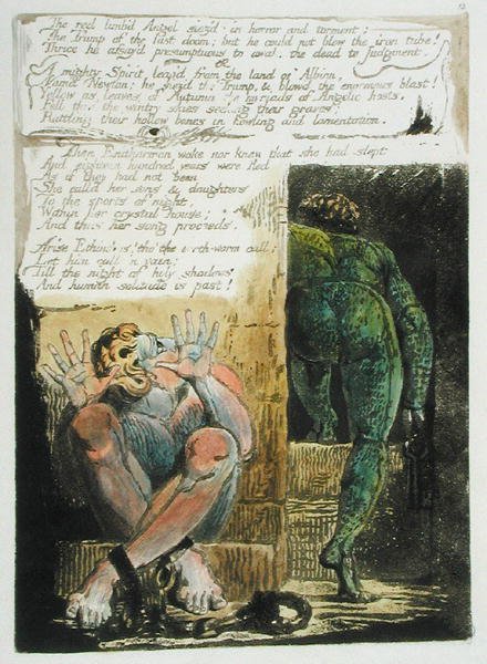Punainen raaja Angel..., levy 15 Euroopasta. Profetia, 1794 (tummanruskealla wc:llä ja öljyllä paperille painettu kohokuvioetsaus) tekijältä William Blake