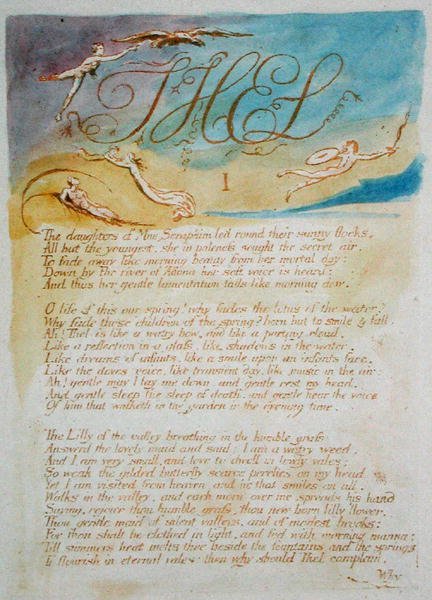 Thel I The Daughters of Mne Seraphim..., levy 3 teoksesta The Book of Thel, 1789 (reliefetsaus painettu ruskealla wc:llä paperille) tekijältä William Blake