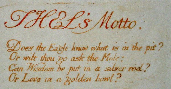 Thels Motto..., levy 1 teoksesta The Book of Thel, 1789 (reliefietsaus kynällä ja wc:llä) tekijältä William Blake
