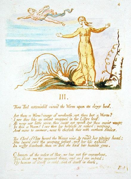Sitten The Astonished..., levy 6 teoksesta The Book of Thel, 1789 (käsinvärinen kohokuvio etsauksella kynällä ja wc:llä paperille) tekijältä William Blake