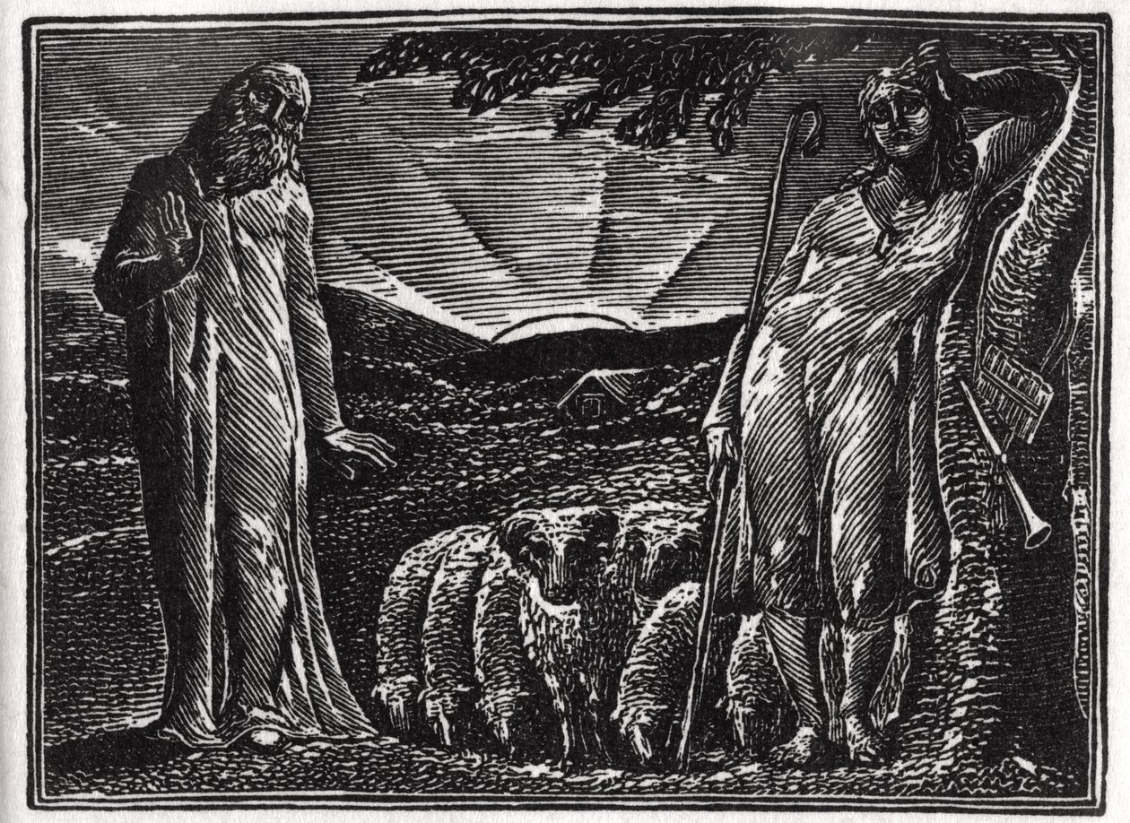 Thenot Remonstrates Colinetin kanssa, esimerkki tohtori Thorntonin teoksesta "The Pastorals of Vergil" tekijältä William Blake
