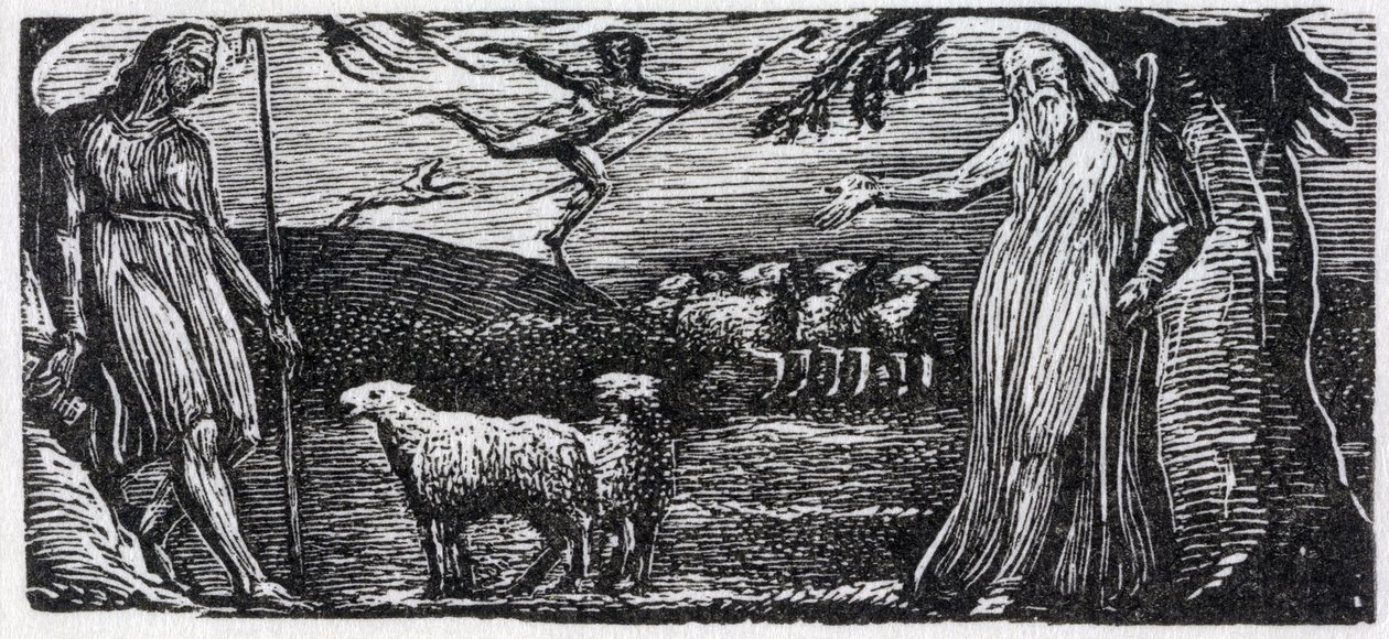 Thenot väittää kanssa Colinet, Lightfoot in the Distance, kuvitus tohtori Thorntonin teoksesta "The Pastorals of Vergil" tekijältä William Blake