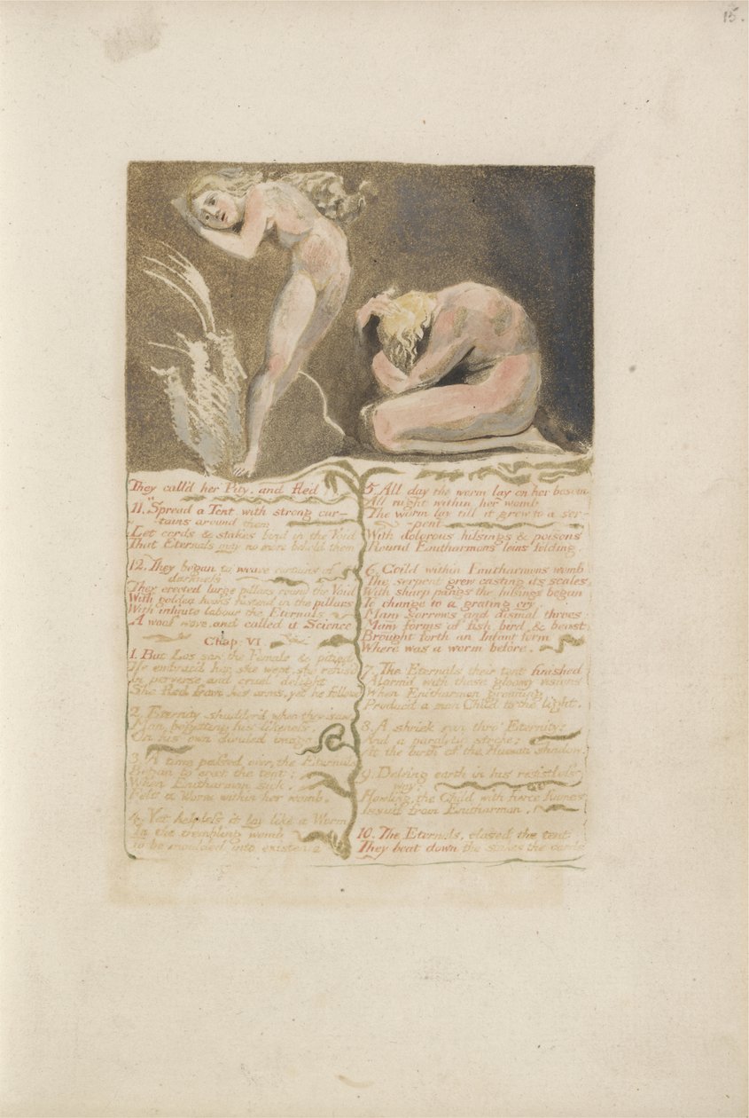 He kutsuivat häntä sääliksi ja pakenivat..., levy 19 julkaisusta The First Book of Urizen, 1794 (väripainettu kohokuvio musteella ja wc:llä paperille) tekijältä William Blake