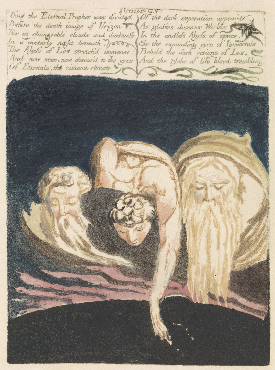Näin ikuinen profeetta jaettiin..., levy 13 Urizenin ensimmäisestä kirjasta, 1794 (väripainettu kohokuvio vesiväreillä) tekijältä William Blake