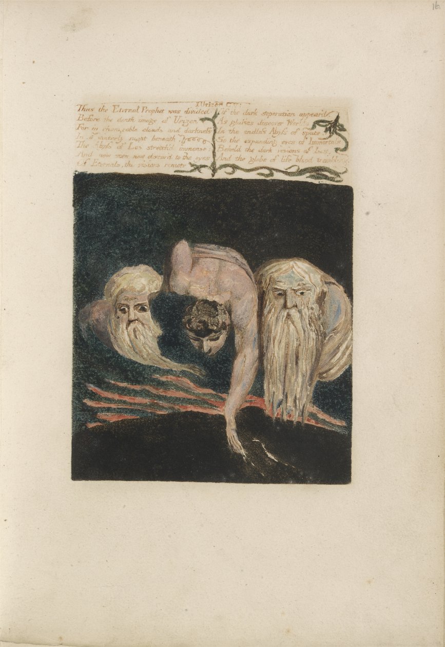 Näin ikuinen profeetta jaettiin..., levy 20 Urizenin ensimmäisestä kirjasta, 1794 (väripainettu kohokuvio musteella ja wc:llä paperille) tekijältä William Blake