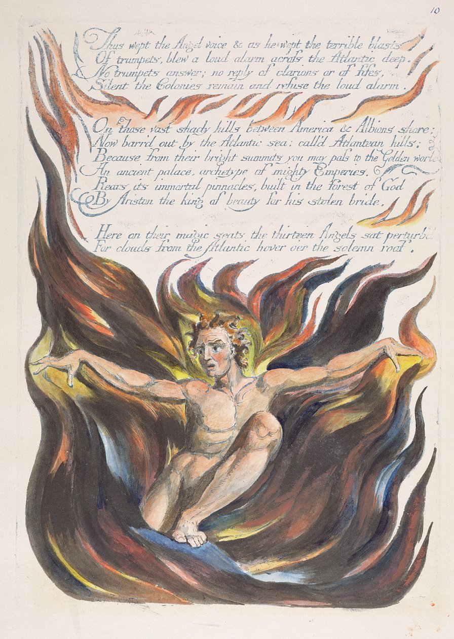 "Näin itki enkelin ääni...", levy 12 julkaisusta "America: A Prophecy", 1793 (reliefietsaus painettu sinisellä kynällä, musteella ja wc:llä) tekijältä William Blake