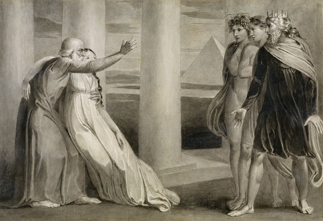 Tiriel tukemassa kuoleva Myratanaa ja kiroamassa poikiaan, 1786-89 (kynä, muste ja sivellin paperille) tekijältä William Blake