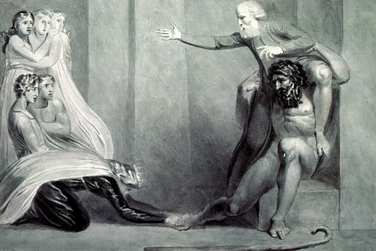 Tiriel palattiin palatsiin veljensä Ijimin harteilla, puhuen viidelle tyttärelleen tekijältä William Blake