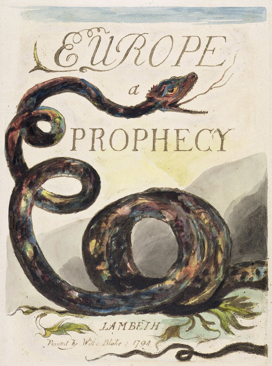 Eurooppa. A Prophecy", 1794 (kohopainatus, painettu tummanruskealla ja wc:llä paperille). tekijältä William Blake