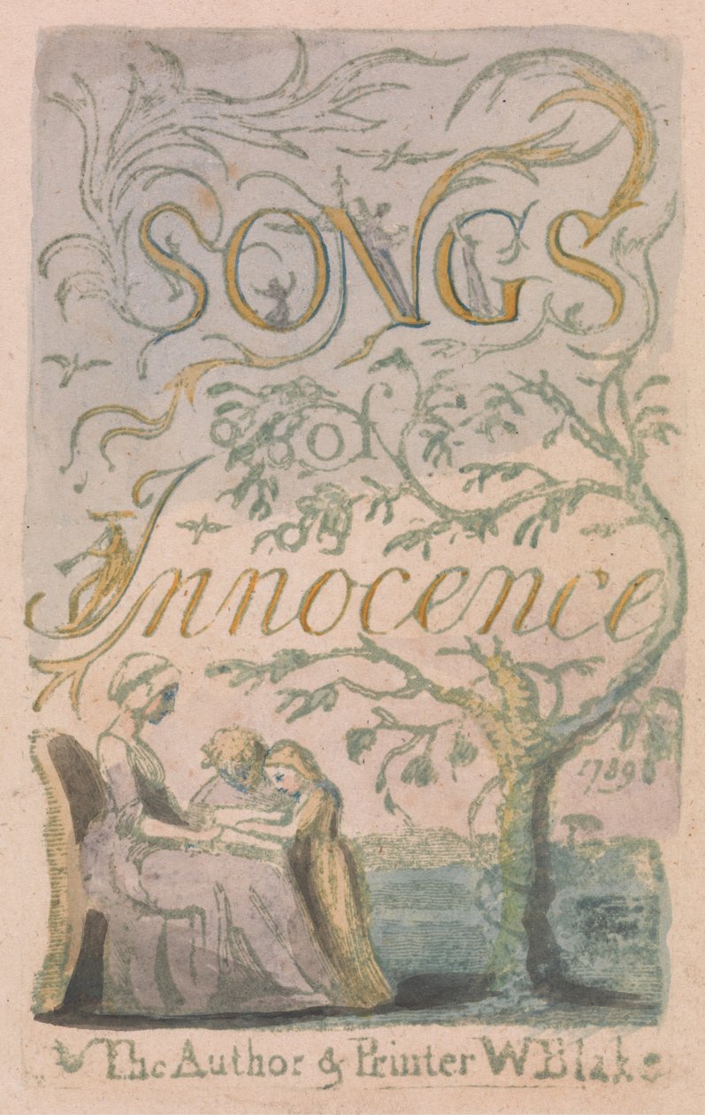Nimisivu, levy 2 julkaisusta Songs of Innocence, 1789 (reliefietsaus wc:llä paperille) tekijältä William Blake