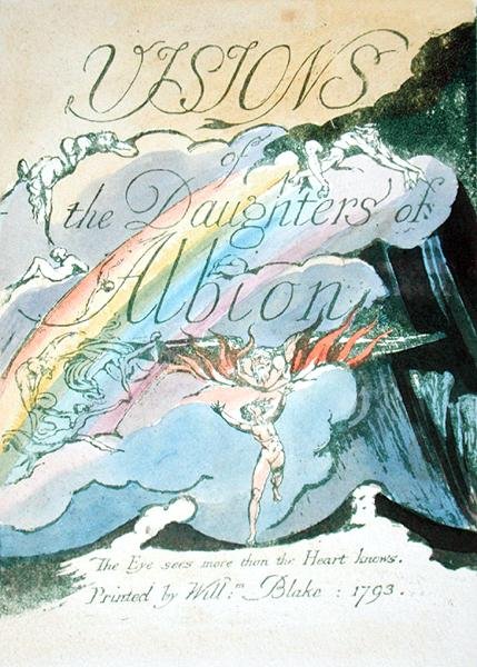 Nimilehti, recto, levy 2 julkaisusta Visiions of the Daughters of Albion, 1793 (reliefipainettu vihreällä wc:llä paperille) tekijältä William Blake