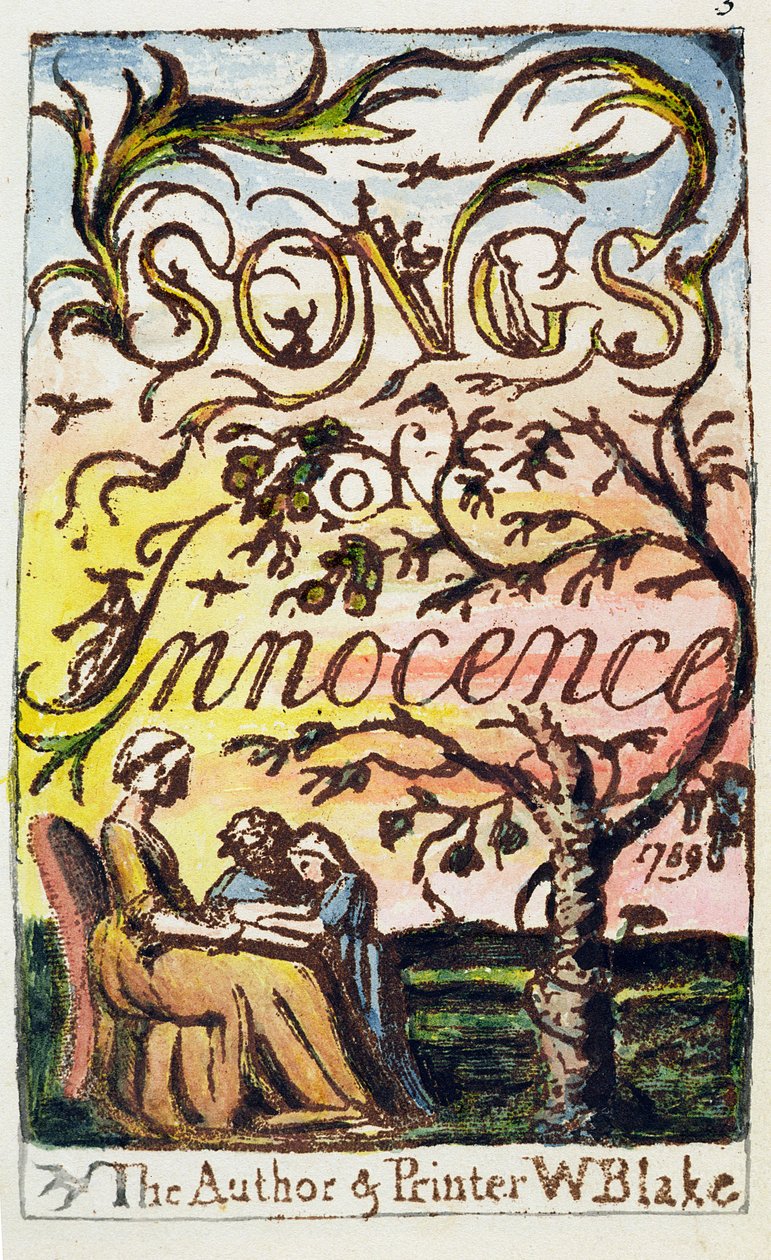 Nimisivu julkaisusta Songs of Innocence and of Experience [Bentley Copy 3] n. 1789-1794 (ruskeaksi painettu kohokuvioinen etsaus kynällä, musteella ja wc:llä) tekijältä William Blake
