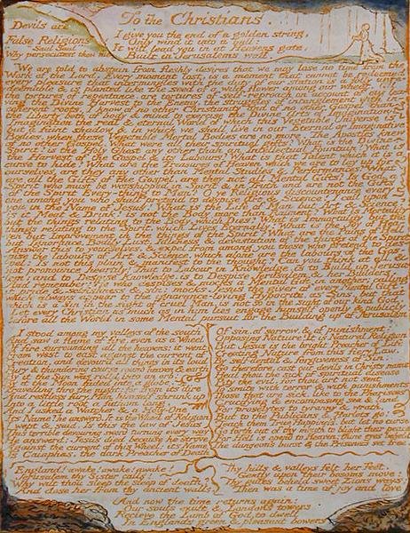 Kristityille..., levy 77 Jerusalemista, 1804-20 (oranssilla painettu kaiverrus kynällä ja wc:llä paperille) tekijältä William Blake