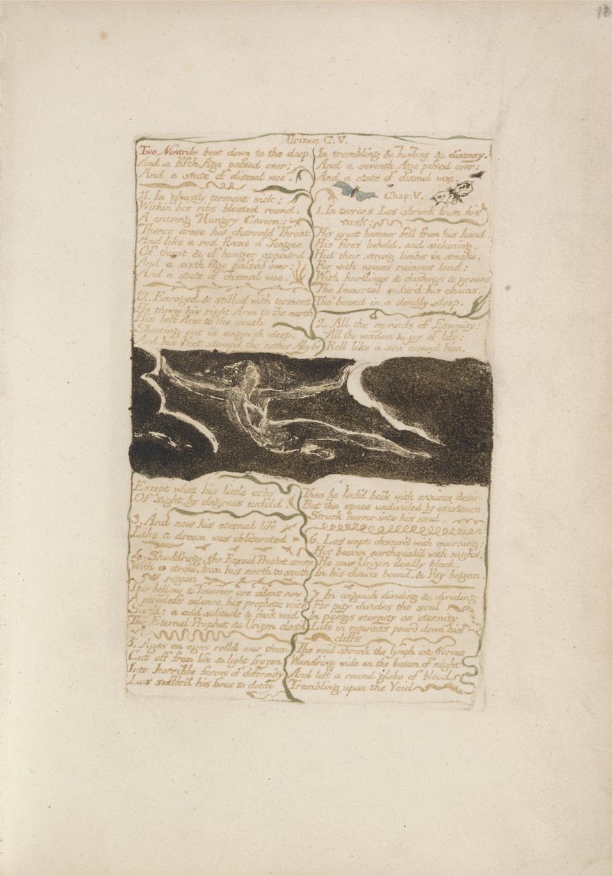 Kaksi sierainta syvälle taivutettuna..., levy 16 julkaisusta The First Book of Urizen, 1794 (väripainettu kohokuvio musteella ja wc paperille) tekijältä William Blake