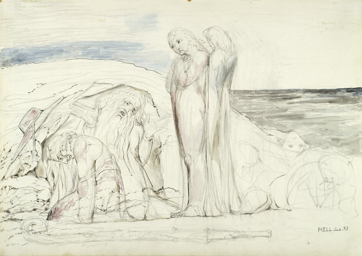 Ugolinosin kertomus, kuvitus Dante Alighierin Jumalalliseen komediaan, 1824-27 (tussi ja tussi, lyijykynä ja liitu paperille). tekijältä William Blake