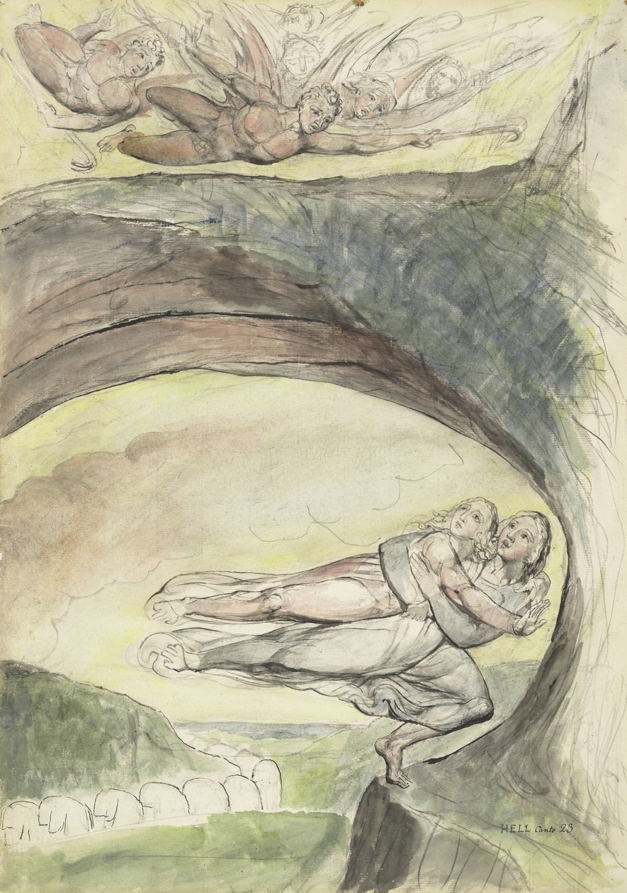 Virgil pelastaa Danten pahoilta demoneilta, kuvitus Dante Alighierin jumalalliseen komediaan, 1824-27 (kynä ja muste wc:llä kynällä ja liidulla paperilla) tekijältä William Blake
