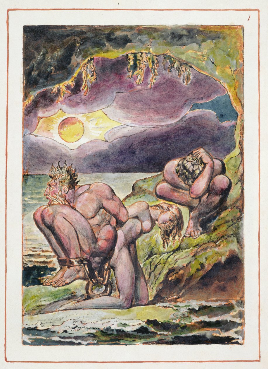 Albionin tyttärien visiot: Frontispiece, suunniteltu vuonna 1793, valmistunut n. 1815 (reliefisyövytys kynällä ja wc:llä paperille) tekijältä William Blake