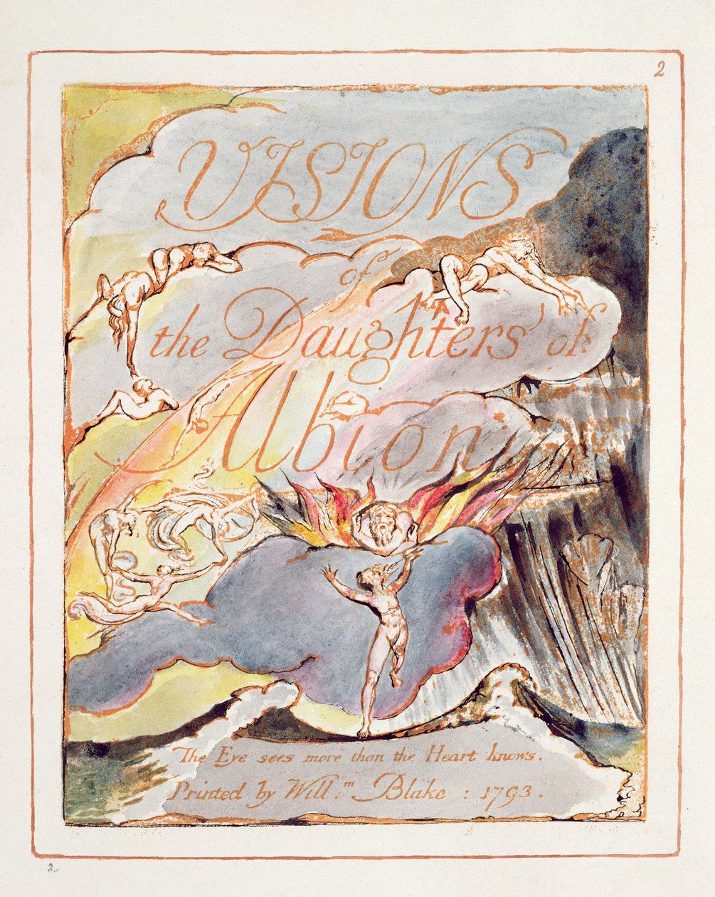 Albionin tyttärien näkyjä: Otsikkosivu, suunniteltu vuonna 1793, valmistunut noin 1815 (kohopainojyrsintä, kynällä ja sulkakynällä paperille). tekijältä William Blake