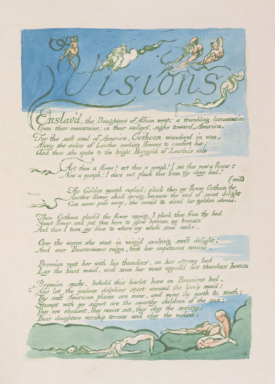 "Visions", levy 4 julkaisusta "Visions of the Daughters of Albion", 1793 (reliefetsaus painettu vihreällä wc:llä) tekijältä William Blake