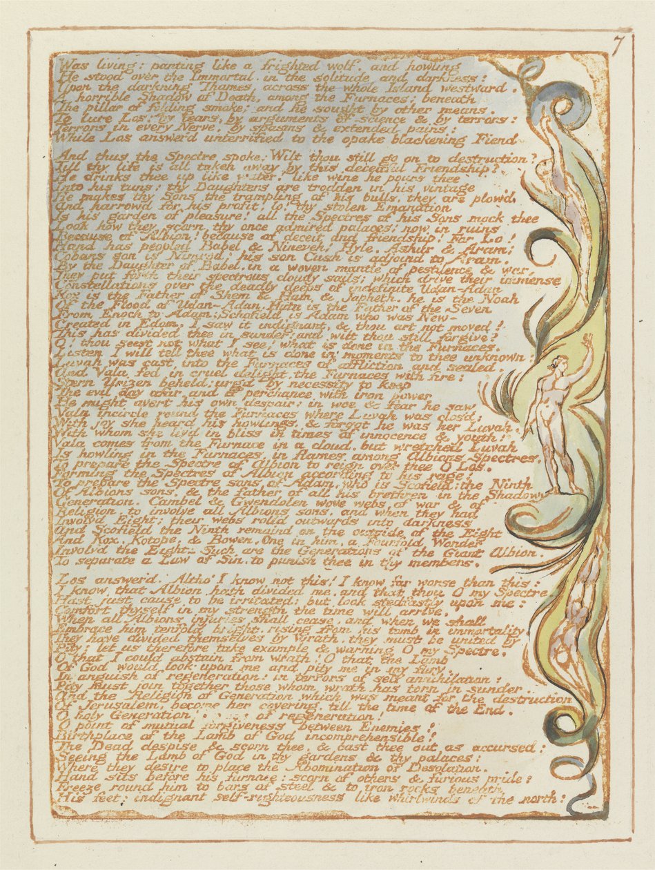 Asui: huohotti..., levy 7 Jerusalemista, 1804-20 (oranssilla painettu kohokuvio, kynä & wc) tekijältä William Blake