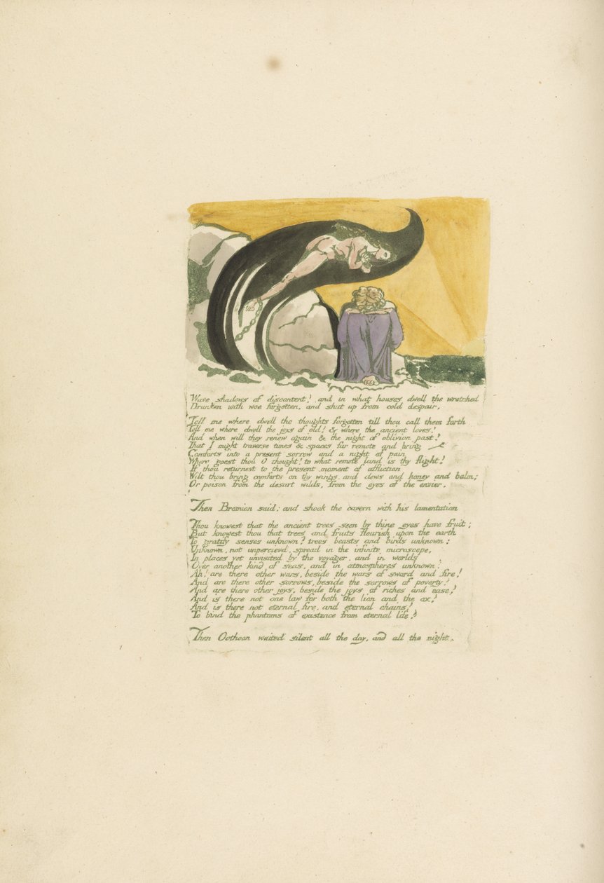 Tyytymättömyyden aaltovarjot..., levy 7 julkaisusta Visiions of the Daughters of Albion, 1793 (reliefietsaus painettu vihreällä wc:llä) tekijältä William Blake