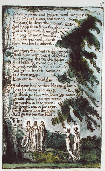 Kun Wolves and Tygers... kuvitus kappaleesta Songs of Innocence and of Experience (Bentley Copy L) pl.19 (Bentley 21) 1789-94 (reliefietsaus kynällä ja wc:llä paperille) tekijältä William Blake