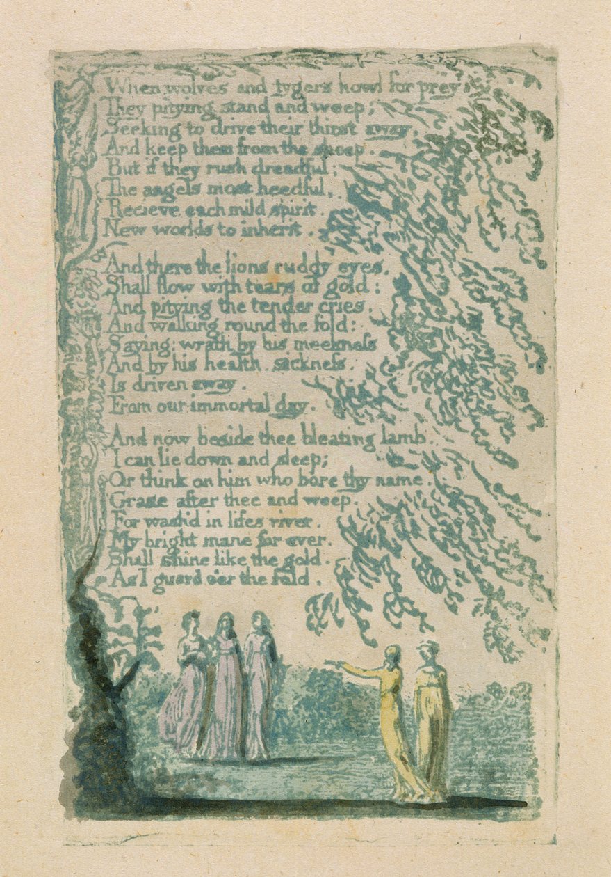 "When Wolves and Tygers...", levy 30 julkaisusta "Songs of Innocence", 1789 (käsinvärinen kohokuvio vesiväreillä) tekijältä William Blake