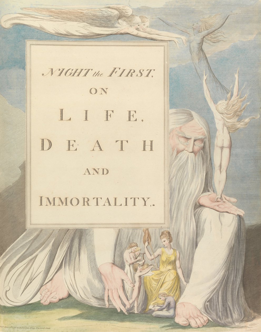Nuorten yön ajatukset, otsikkosivu, Yö ensimmäinen, elämästä, kuolemasta ja kuolemattomuudesta. tekijältä William Blake